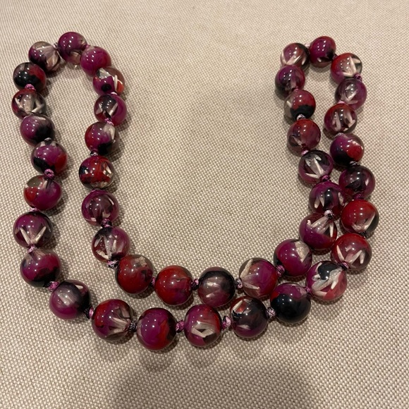 Jewelry - Vintage Lucite Marbled Bead Necklace, Red Black White Clear Multi